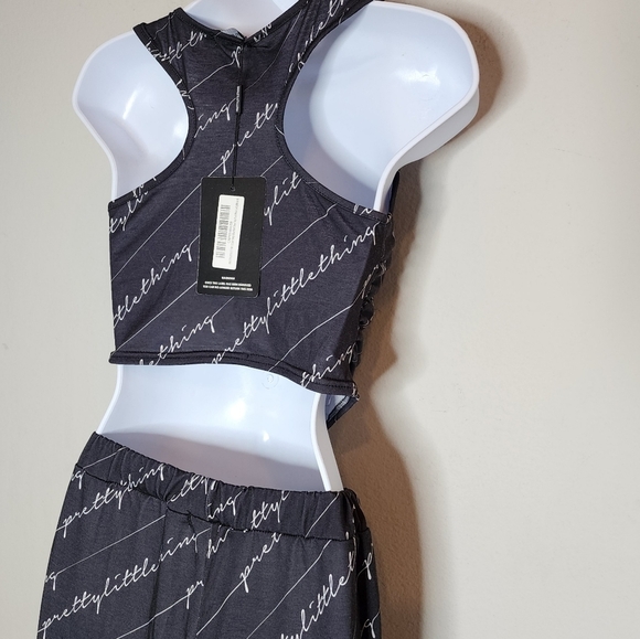 NWT PRETTYLITTLETHING Script Ruched Crop Top And Wide Leg Pj Set Pants - Picture 9 of 17